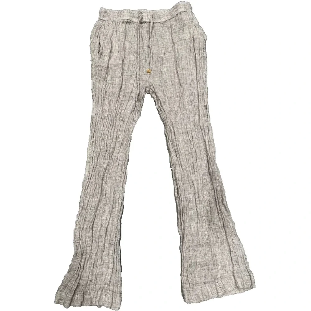 Zara crinkle Ribbed Wide Leg Y2K Linen Drawstring Pants Cream Small A006402